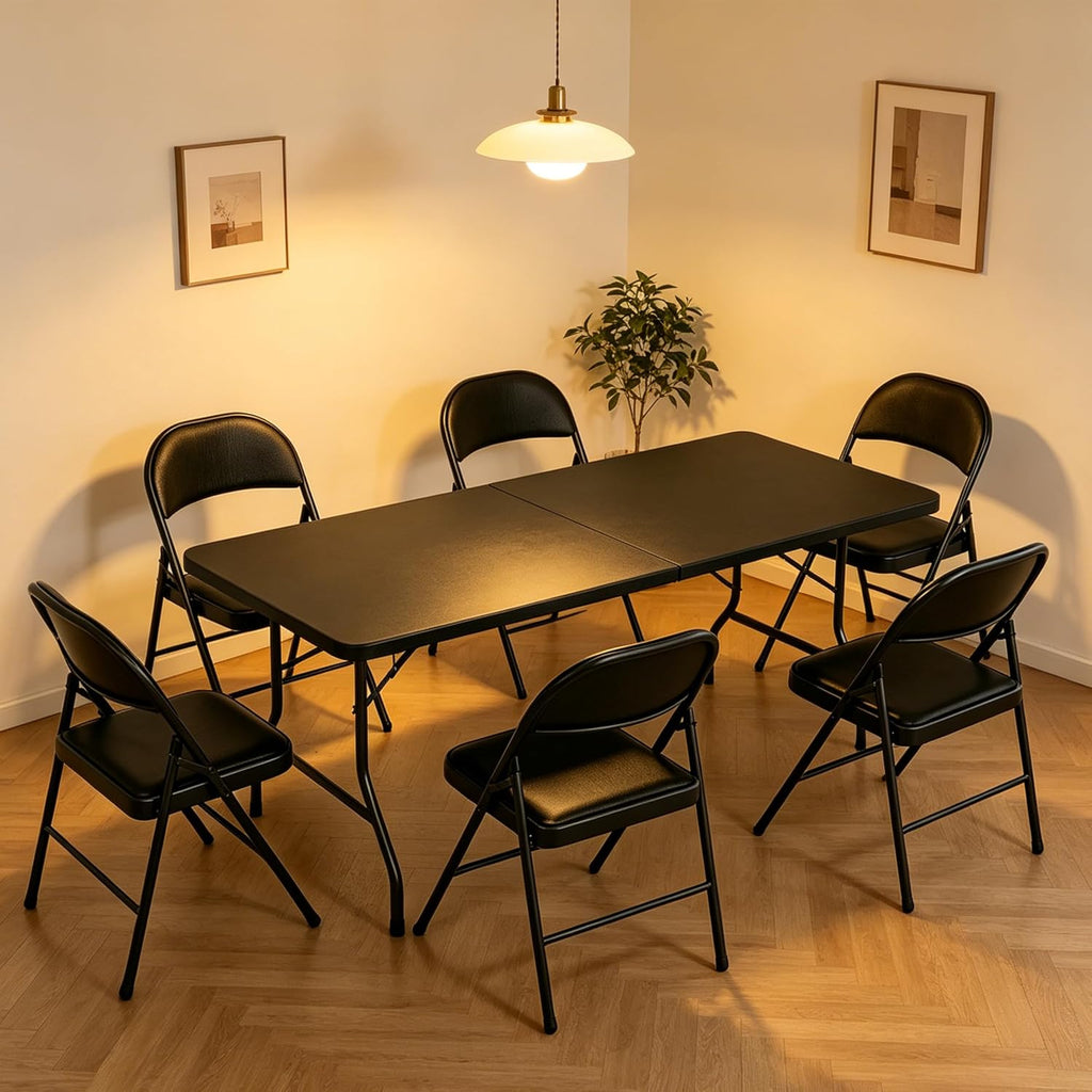 Folding Dining Table Set, 6FT Foldable Plastic Table with Carrying Handle & 6 PU Leather Padded Folding Chairs