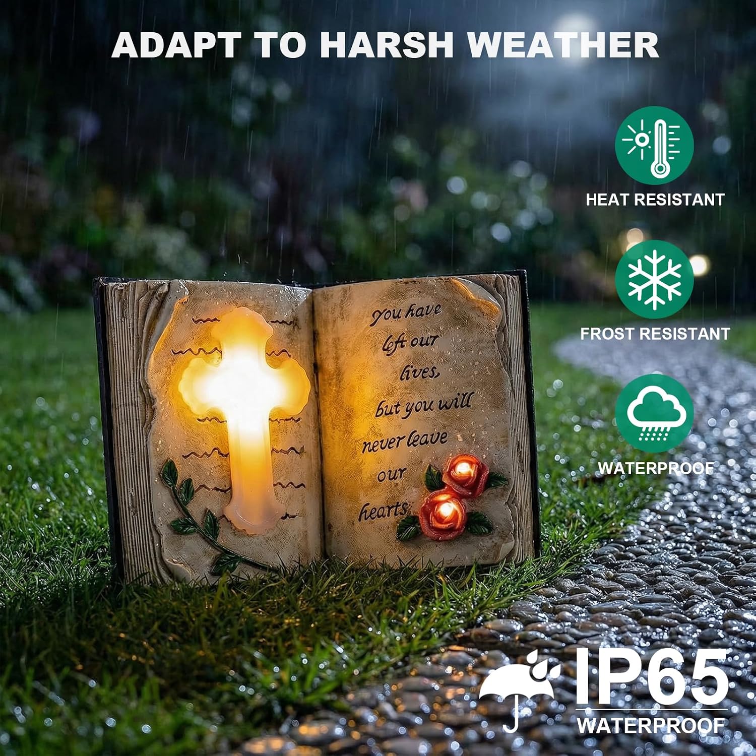 Outdoor Solar Memorial Cross Stakes Lights, Waterproof Book Statue Grave Decorations Sympathy Gifts for Cemetery