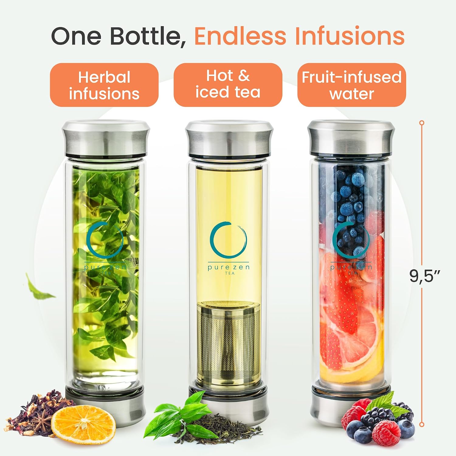 Infuser Bottle - Double Wall Glass Travel Mug with Stainless Steel Filter - Leakproof Tea Tumbler with Infuser for