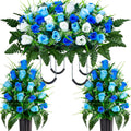 Artificial Cemetery Flowers Saddle, 2 Sets Grave Flowers Rose with Vase, Memorial Headstone Flowers Saddle for