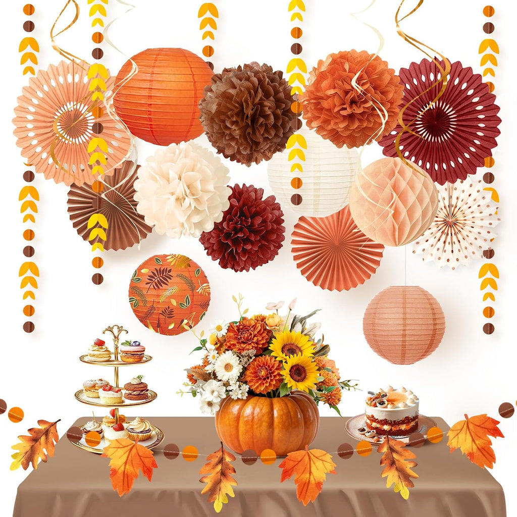 Fall Thanksgiving Decor with Pom Poms Lanterns Fans Garlands | 21PCS burnt orange burgundy tissue paper decorations