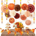 Fall Thanksgiving Decor with Pom Poms Lanterns Fans Garlands | 21PCS burnt orange burgundy tissue paper decorations