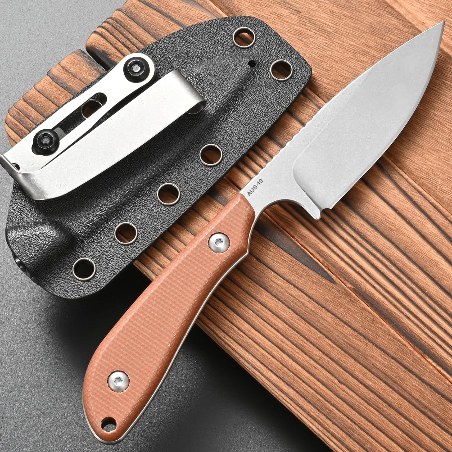 FF101 Micarta Handle Fixed Blade Knife, AUS-10 Steel Blade Full Tang Knife with Sheath for Outdoor Camping Hunting