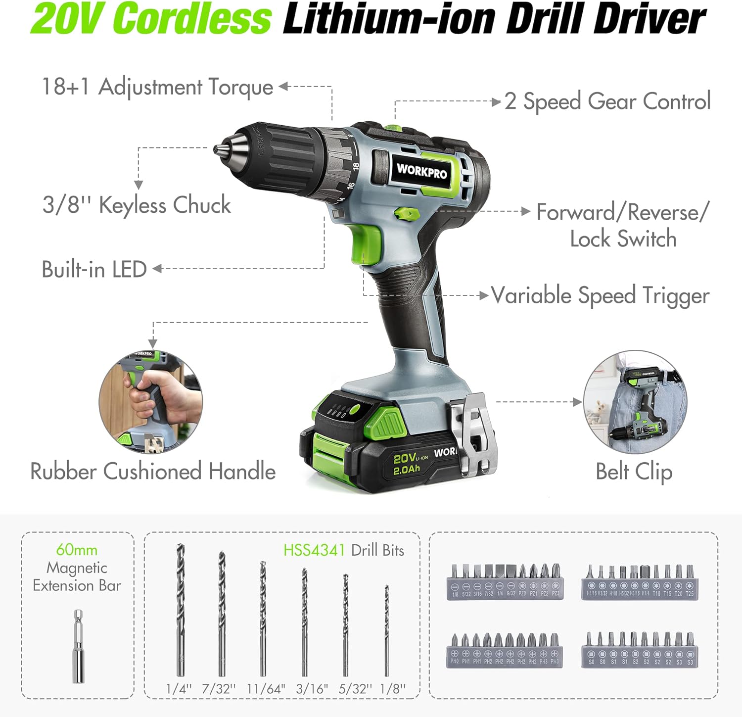 Home Tool Set with 20V Cordless Lithium-Ion Drill Driver, Household Repairing Tool Kit with Drill, 157PCS Power Drill