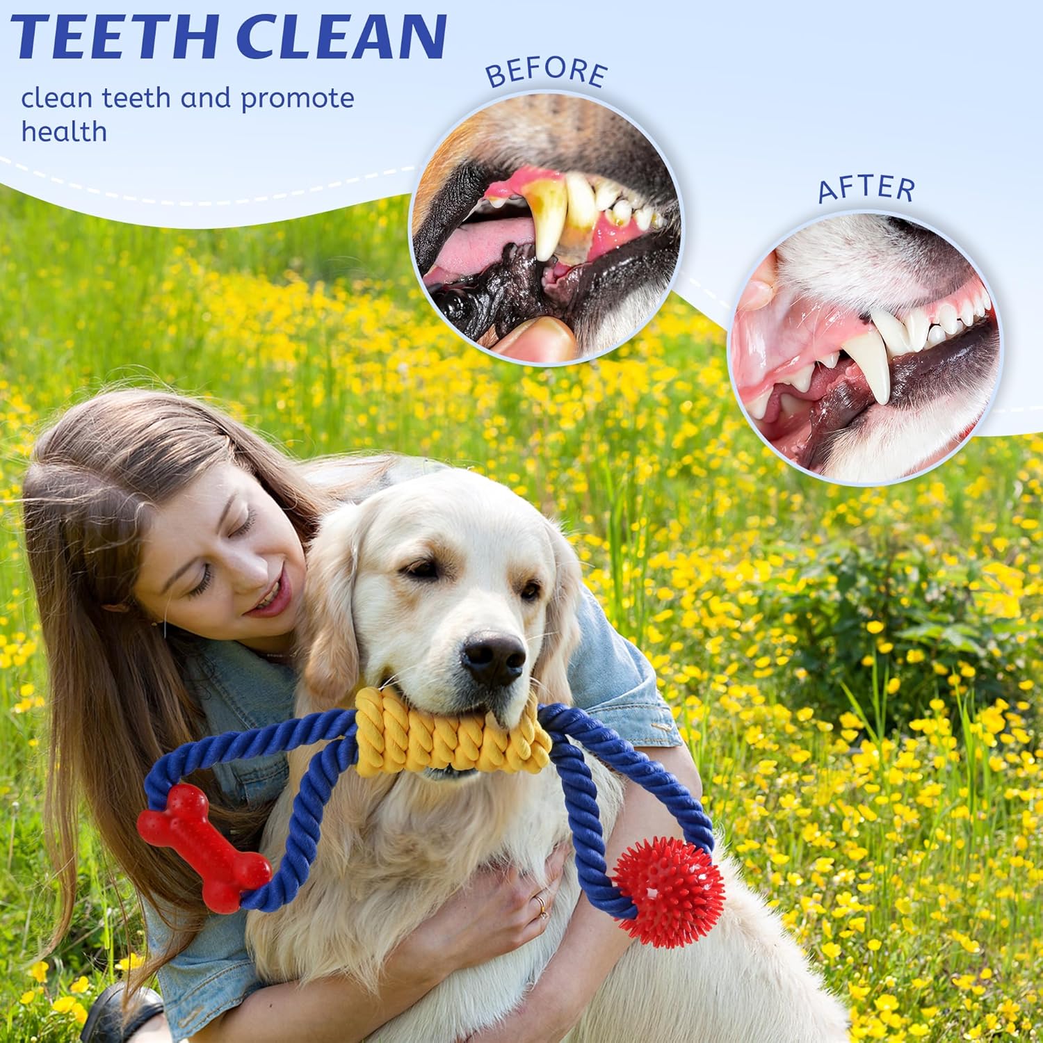 Interactive Dog Rope Toys Tug of War, Tough Dog Toys for Large, Medium & Small Dogs, 100% Cotton Chew Toys for