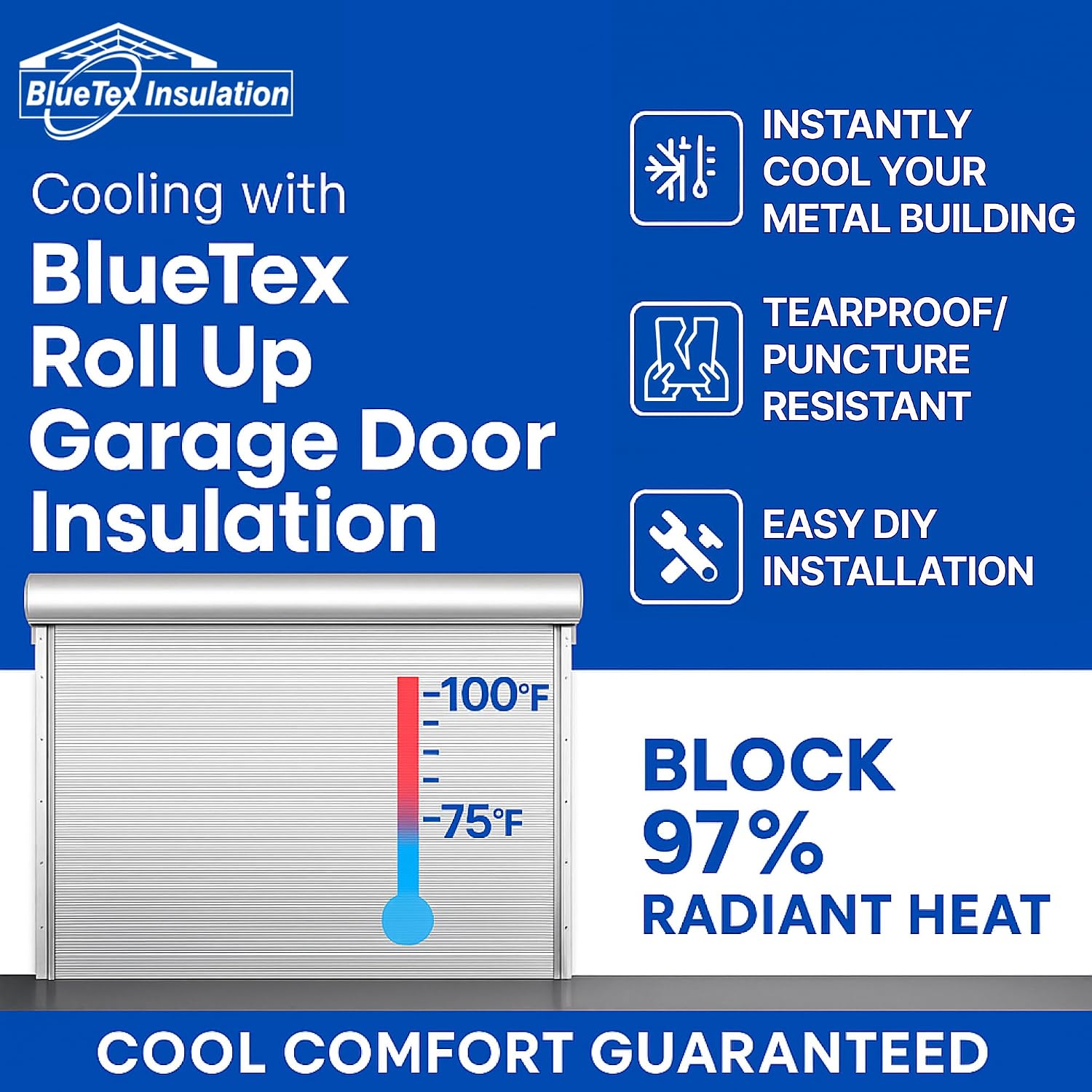BlueTex Roll Up Garage Door Insulation Kit for Cooling Down Metal Buildings – Easy to Install Complete Insulation for