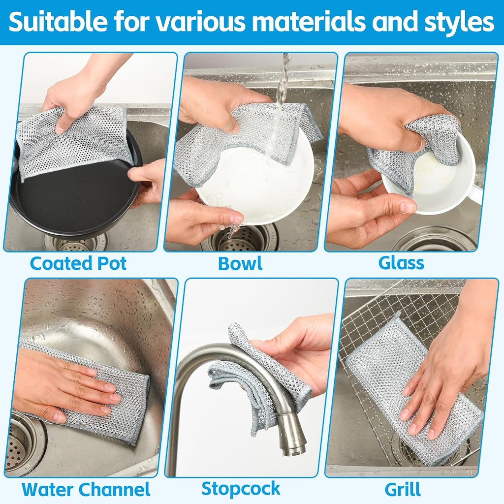 12PK Upgrade Non Scratch Wire Dishcloth, Silver Mesh Dish Cloths.