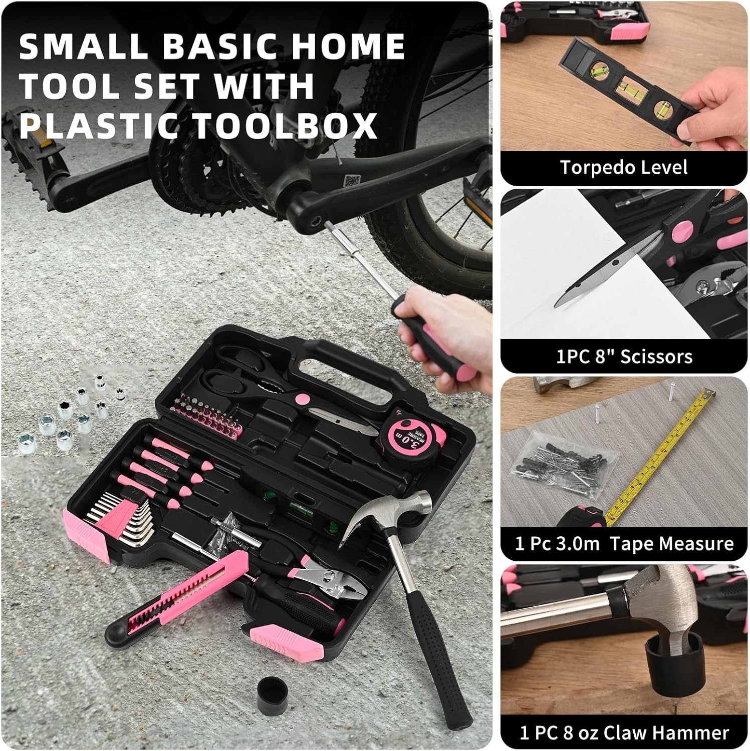 144-Piece Pink Tool Kit Basic Home Repair Tool Set General Household Hand Tool Kit Small Tool Kit with Plastic