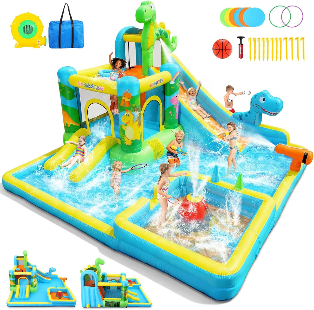 Inflatable Water Slide,13 in 1 Dinosaur Themed Bounce House Water Park for Kids 3-12 with Dual Big Splash Pool&Long