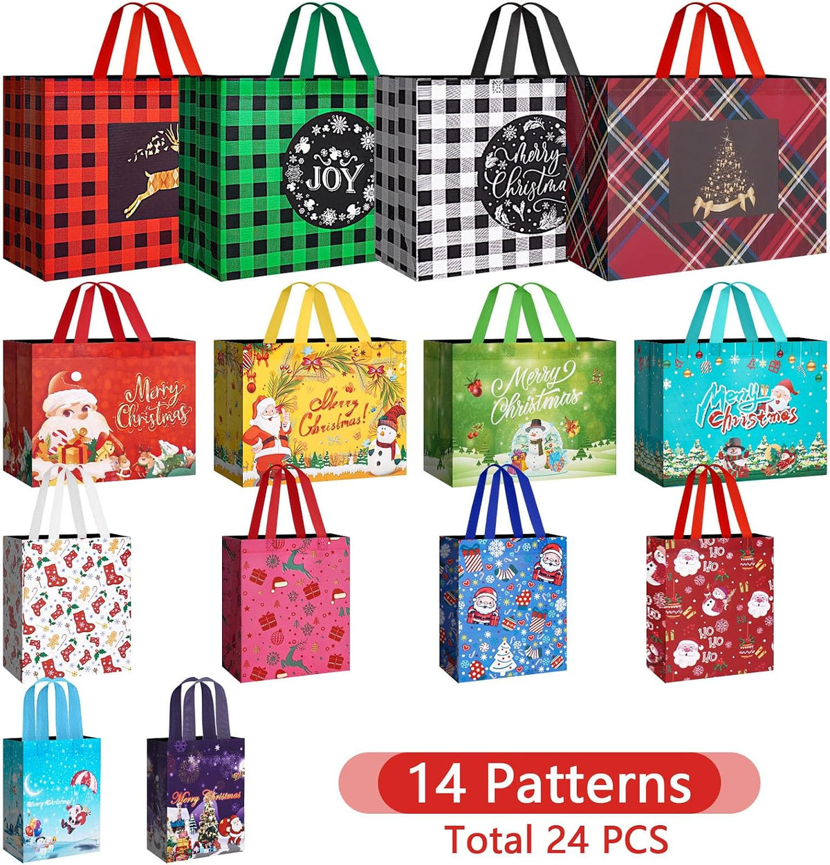 24 Pack Christmas Gift Bags Assorted Sizes with Handle
