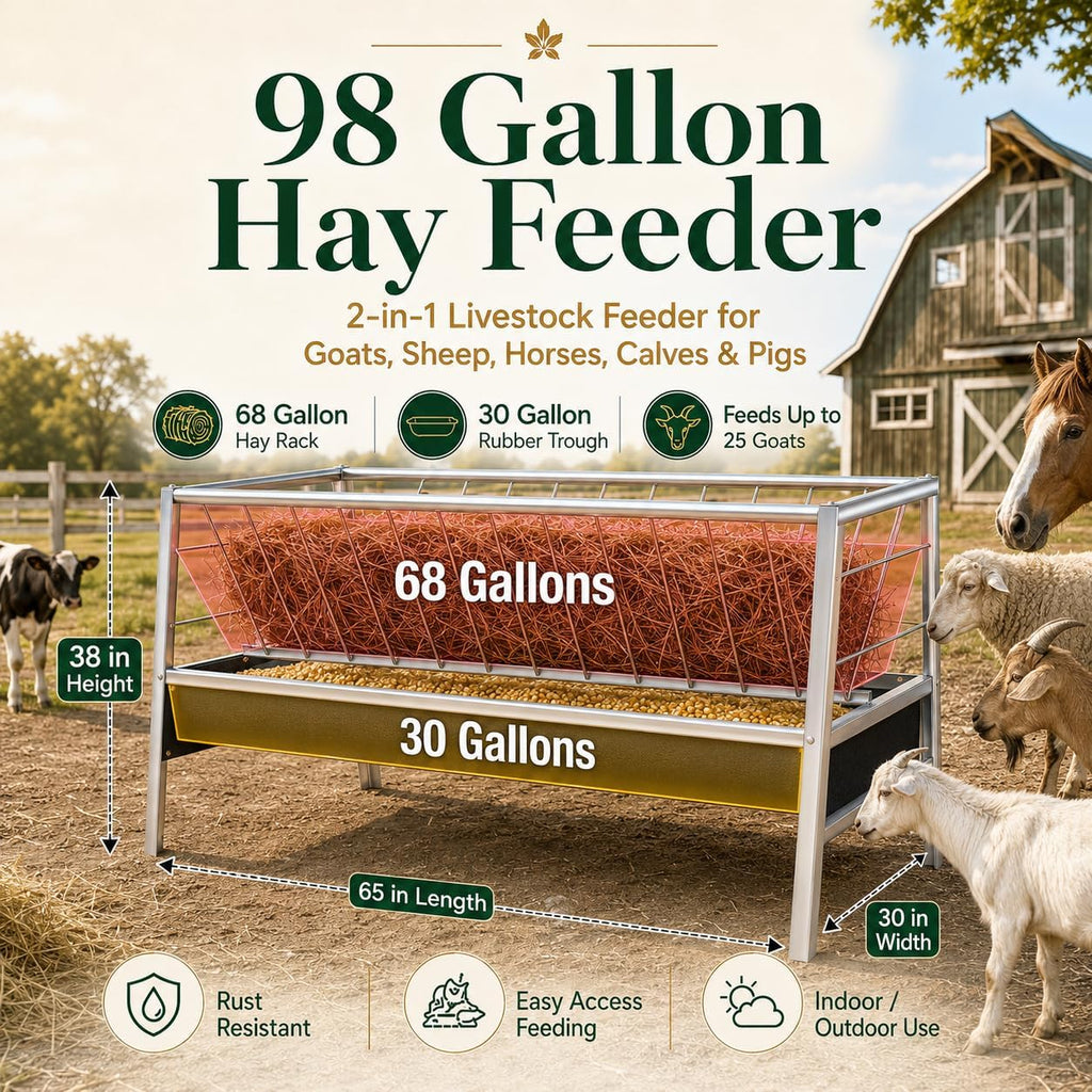 98 Gallon Hay Feeder, Anti-Waste Goat Feeder with Rubber Trough for Farms | Stainless steel feeder uses a hay rack