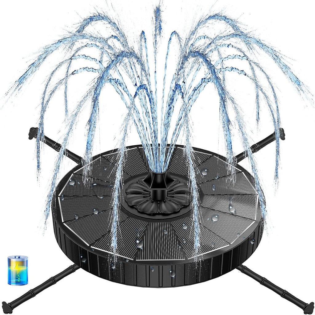 Solar Fountain with 2000mah Battery, 3-Level Adjustable Water Height, Rotating Rods, Works in Shadow, 7 Nozzles, 2026