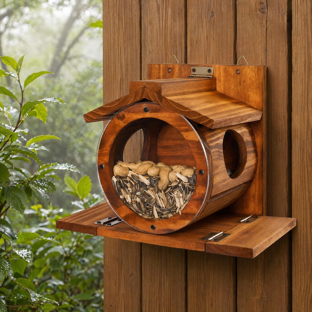 Premium Wood Squirrel Feeder House, Weatherproof Wall Mount Squirrel Food Station for Outside, Backyard Wildlife