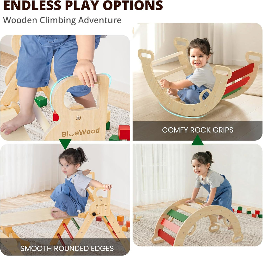 Pikler Triangle Set, Toddler Wooden Climbing Toys Indoor 7in1 Foldable Climber for Kids, Montessori Philosophy Play