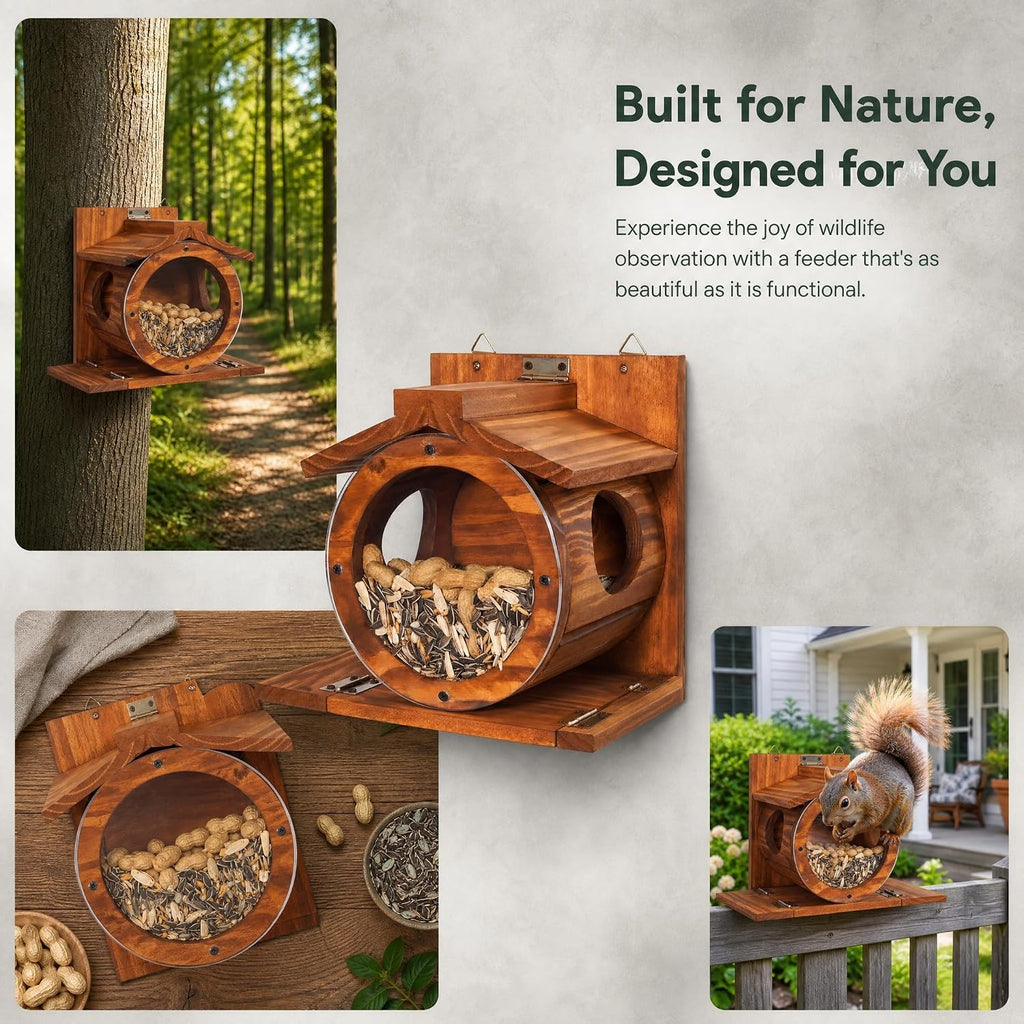 Premium Wood Squirrel Feeder House, Weatherproof Wall Mount Squirrel Food Station for Outside, Backyard Wildlife