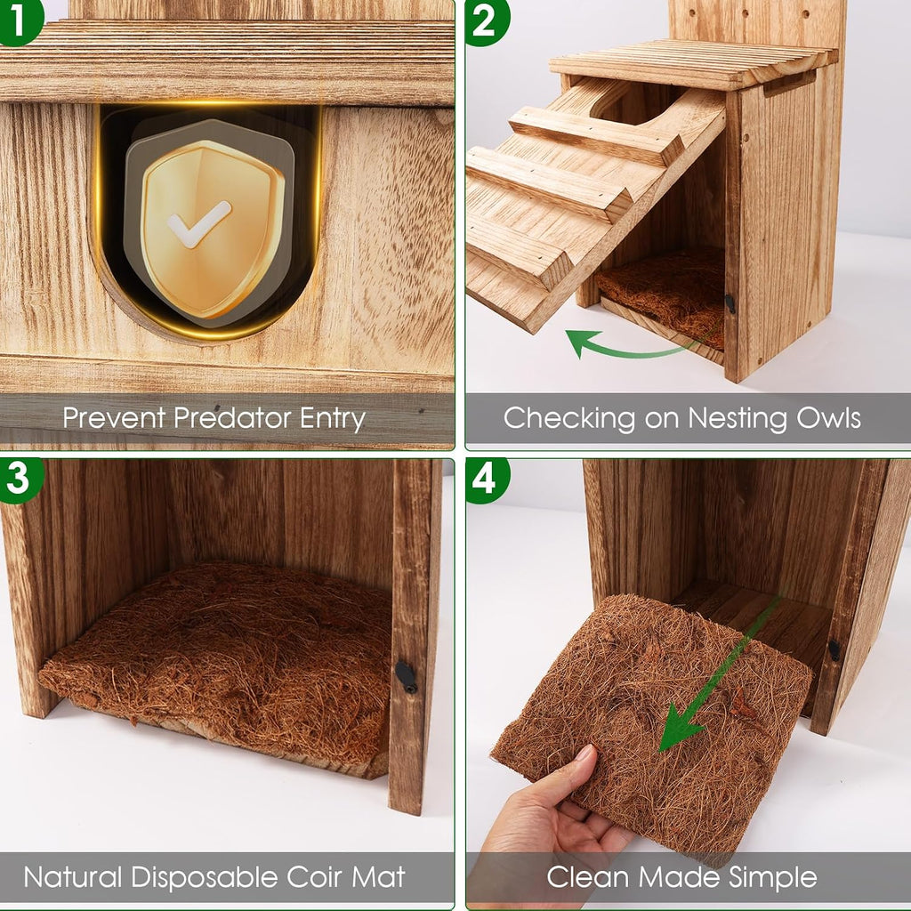 Owl House, Large Wooden Owl Nesting Box for Outside (8.7" x 7.5" x 14.2"), 3.3" Predator-Deterrent Entrance, Side