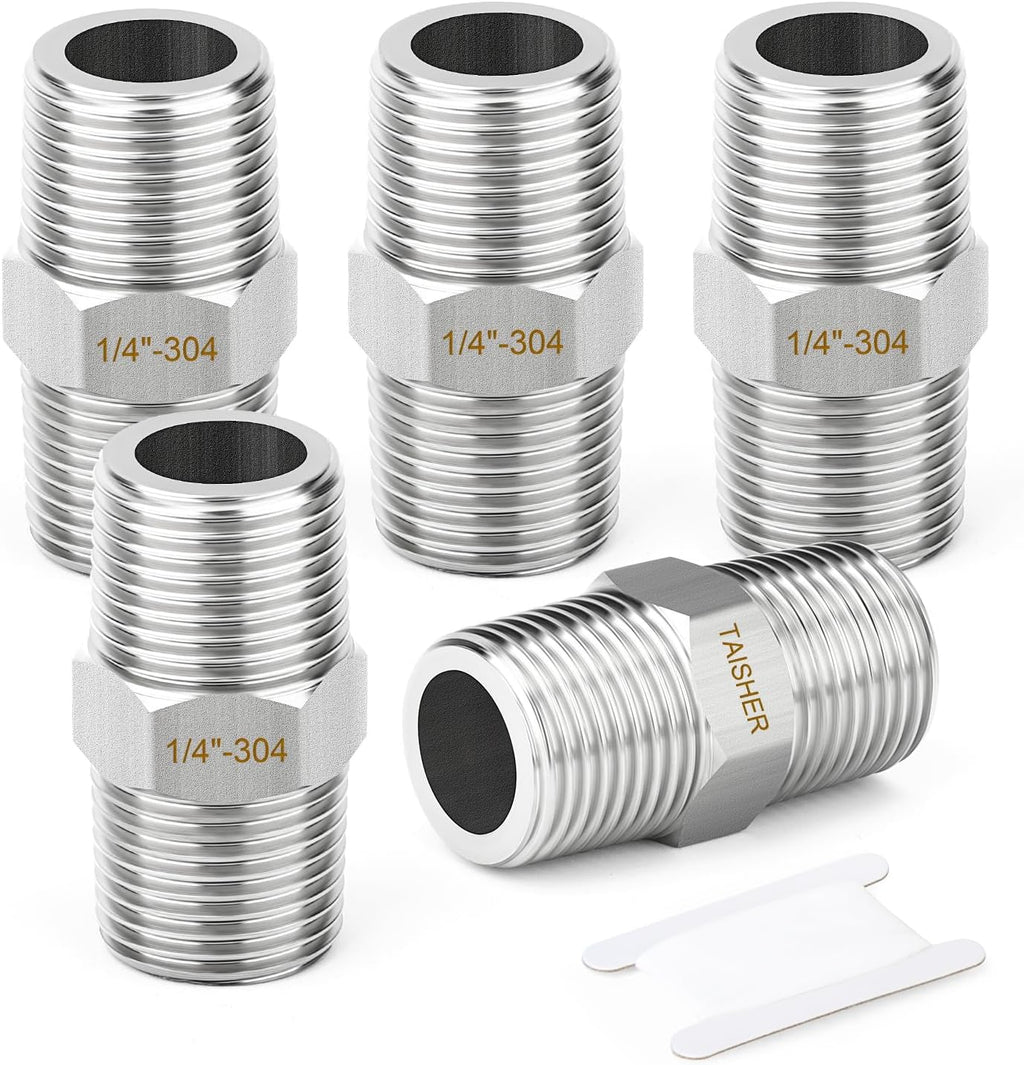 TAISHER 5PCS 304 SS New Hex Nipple,1/4" NPT Male, Pipe Adapter Fitting