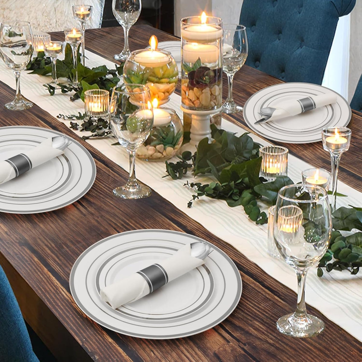 350 Piece Silver Plastic Dinnerware Set for 50 Guests