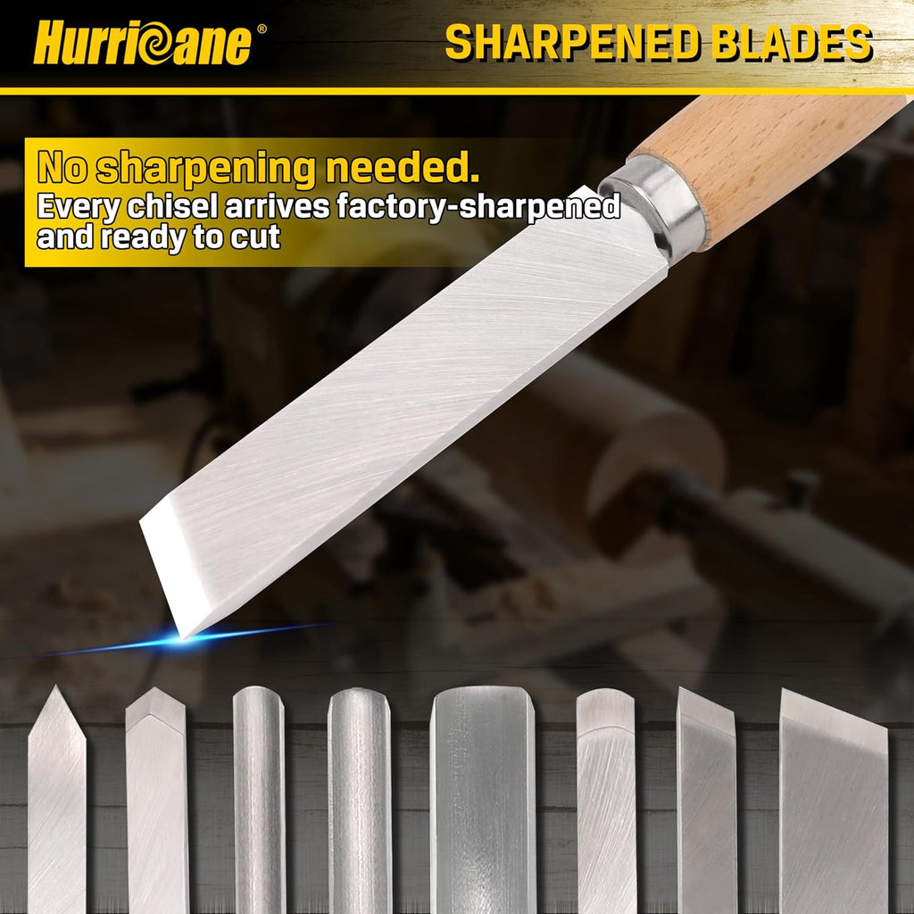 8pc Wood Lathe Turning Tool Set, Wood Turning Chisel Set for Woodworking. 2 Skew 1 Spear Point 1 Parting 1 Round Nose