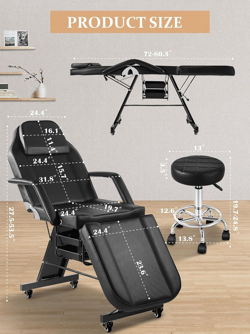 Tattoo Chair for Client, Esthetician Bed with Rolling Stool and Wheels Adjustable Beauty Salon Spa Table 360 Swivel