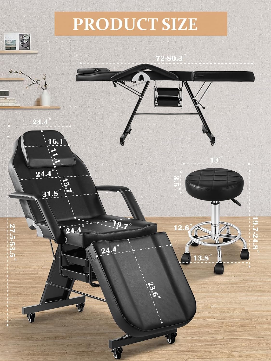 Tattoo Chair for Client, Esthetician Bed with Rolling Stool and Wheels Adjustable Beauty Salon Spa Table 360 Swivel