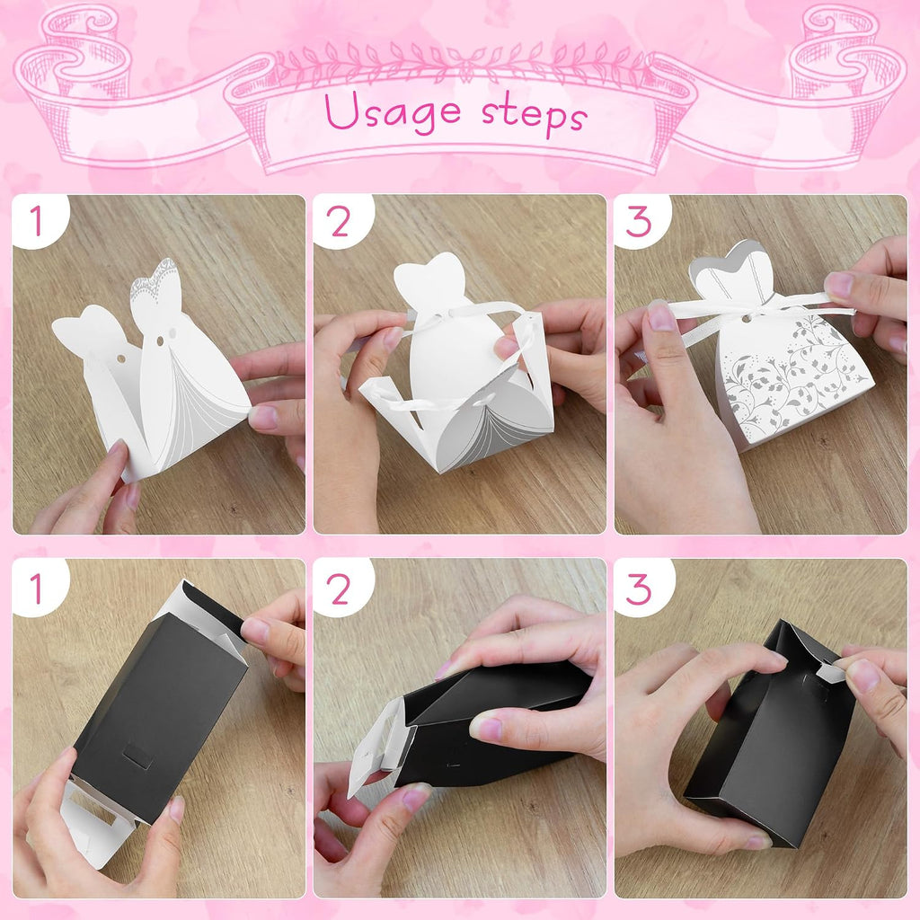100 Pcs Wedding Candy Boxes, Tuxedo & Bride Favor Boxes, Creative Vintage Wedding Treat Bags with Ribbon for Bridal