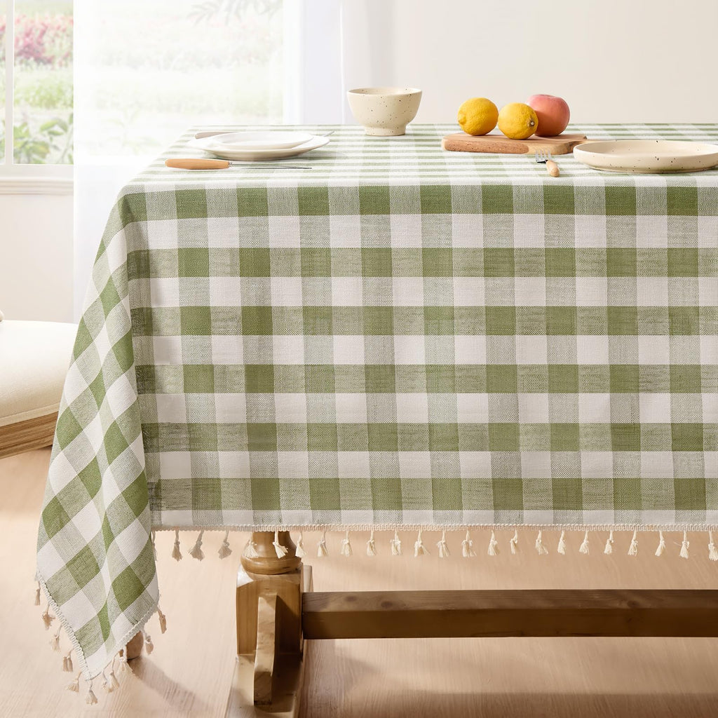 Gingham Rectangle Tablecloth with Tassel, Sage Green, 55" x 84"