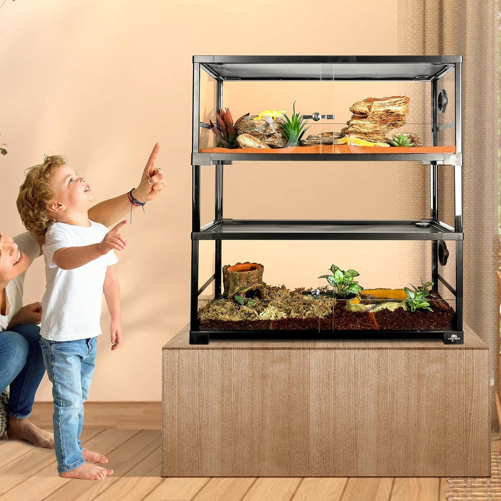 Double Stacked Reptile Tank, 30" x 12" x 32" Tall Reptiles Terrarium, Front Opening, Full Vision, Knock Down, 2 Pack