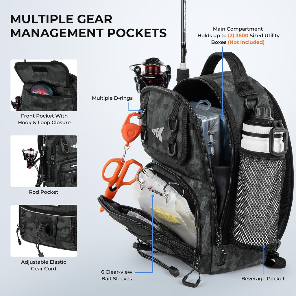 BaitSpace Fishing Sling Bag, Fishing Backpack with Rod Holder | Water-Resistant Tackle Storage with Detachable Soft
