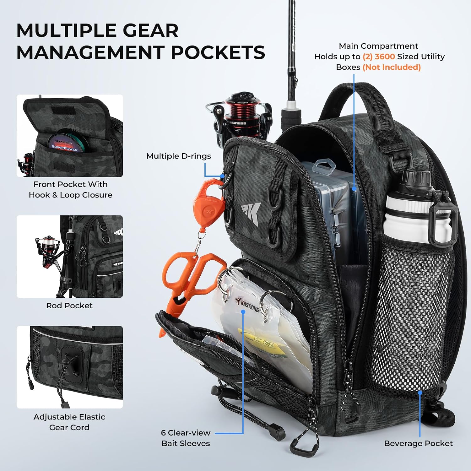 BaitSpace Fishing Sling Bag, Fishing Backpack with Rod Holder | Water-Resistant Tackle Storage with Detachable Soft