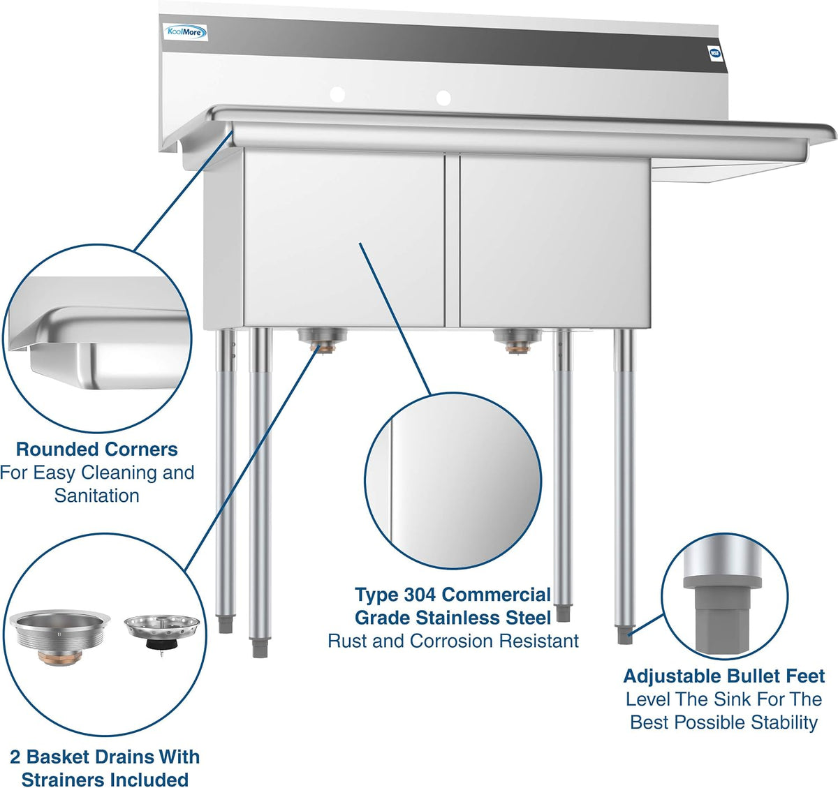 2 Compartment Stainless Steel NSF Commercial Kitchen Prep & Utility Sink with Drainboard - Bowl Size 14" x 16" x 11"