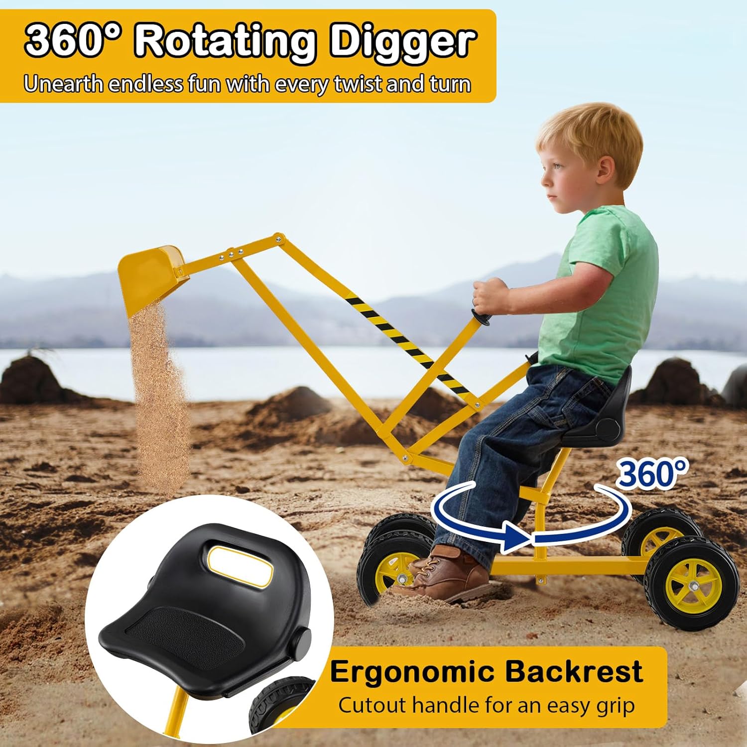 Kids Ride On Digger, 360° Seat Rotatable Excavator Crane Toy for Sand, Dirt, Snow, Heavy Duty Steel Beach Sandbox Sit