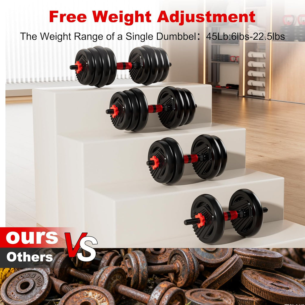 Adjustable Dumbbell Set, 10/20/30/45/70/90lbs Free Weight Set with Connector, 5 in1 Dumbbells Set Used as Barbell