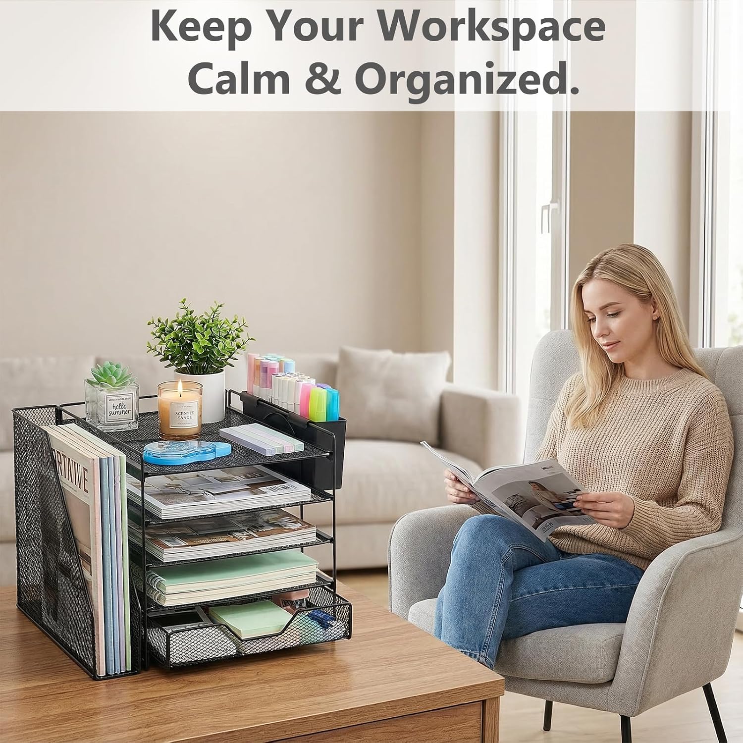 Desk Organizers and Accessories, 5-Tier Paper Letter Tray Organizer with File Holder, Drawer & Pen Holder, Office