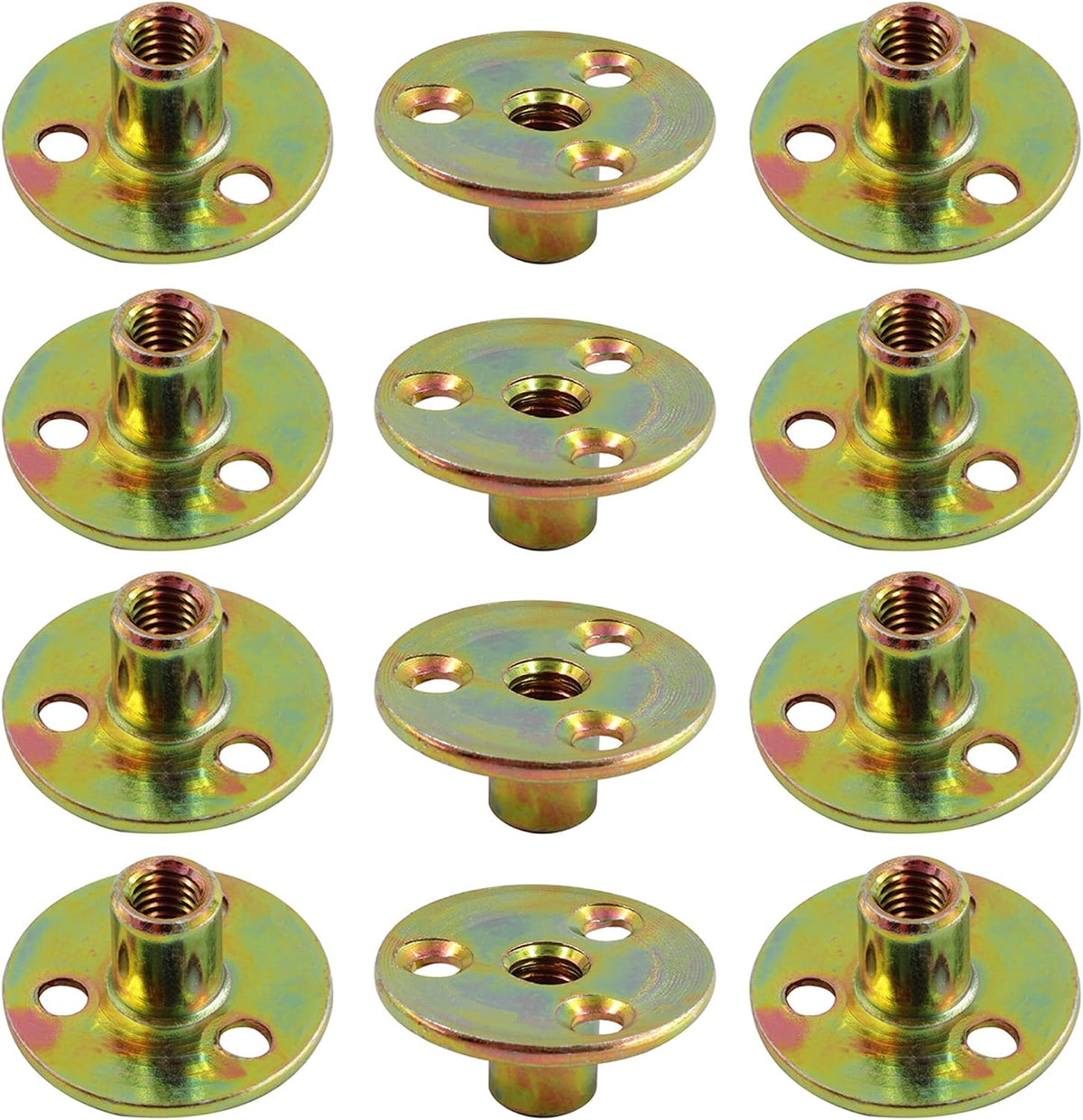 12PCS 5/16"-18 Carbon Steel Round Base T-Nut, Brad Hole Tee Nut, Furniture Hardware Flange Insert Female Thread 3-Hole T-Nuts