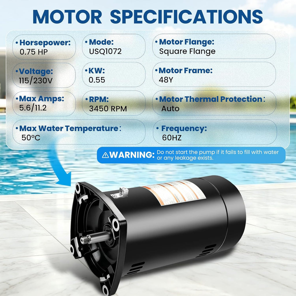 USQ1072 Pool Pump Motor Fit for A.O. Smith Century 0.75HP Single Speed