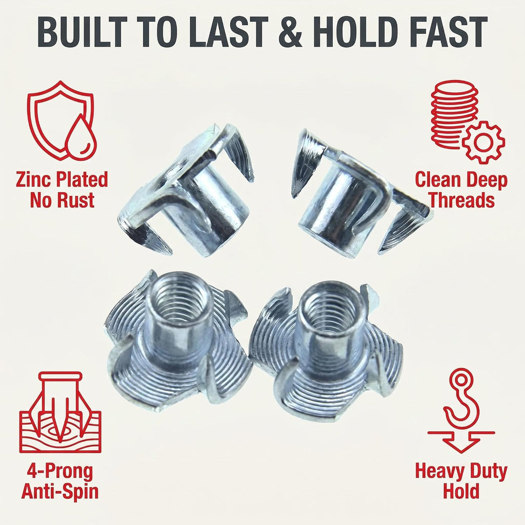 M8 T-Nuts for Climbing Wall: 30 Pack 4 Pronged Tee Nuts Zinc Plated Threaded Inserts - No Rust No Spin