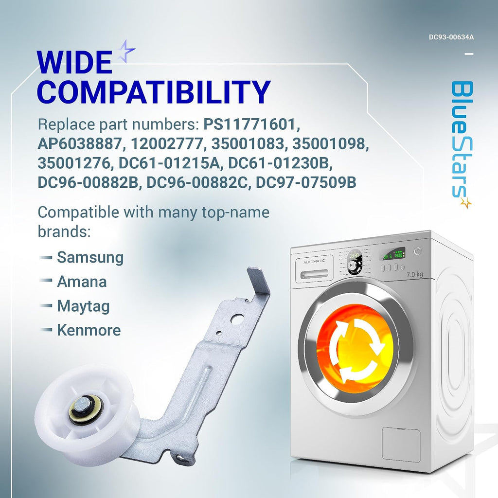 [Upgraded Dual Ball Bearings] BlueStars DC93-00634A Dryer Idler Pulley | with Sturdy Clip - For Samsung Dryers