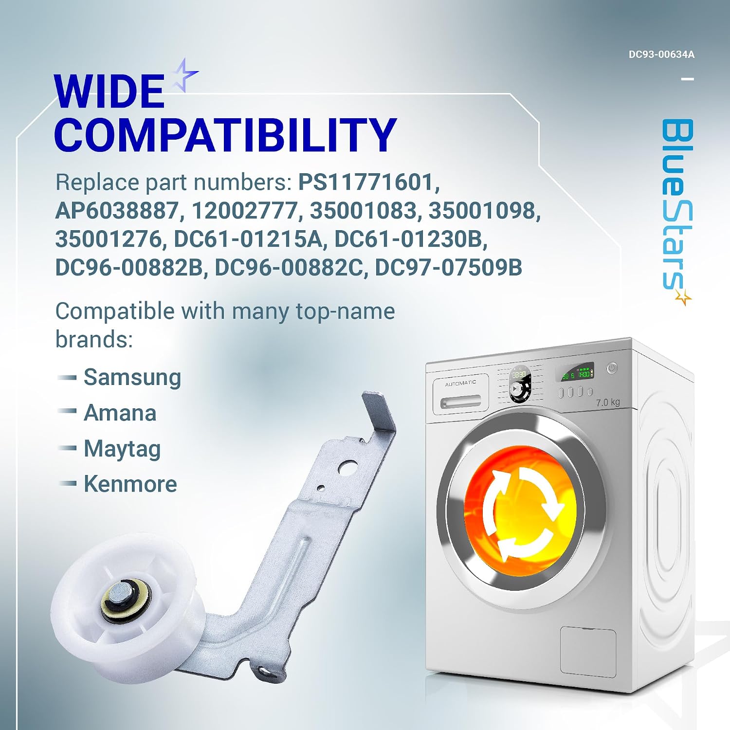 [Upgraded Dual Ball Bearings] BlueStars DC93-00634A Dryer Idler Pulley | with Sturdy Clip - For Samsung Dryers