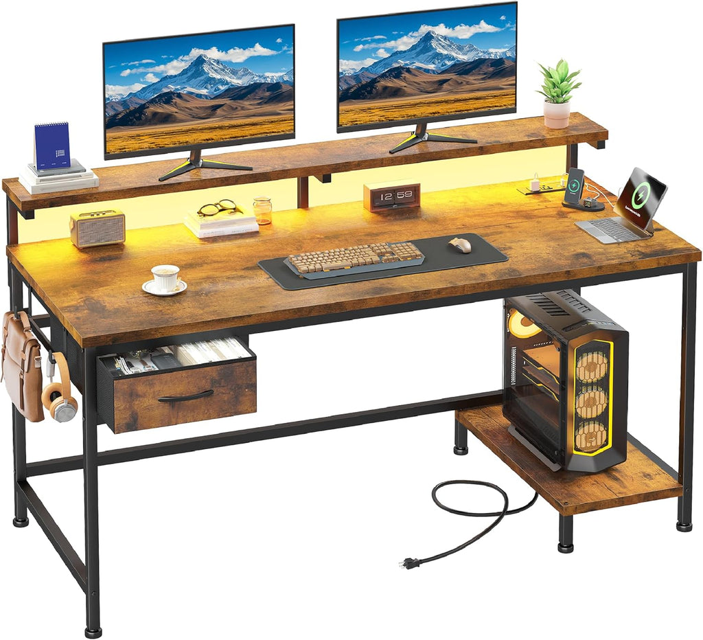 39.3Inch Office Desk with Power Outlet & Drawer, Gaming Desk with CPU Stand& LED Lights,Computer Desk with Ergonomic