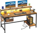39.3Inch Office Desk with Power Outlet & Drawer, Gaming Desk with CPU Stand& LED Lights,Computer Desk with Ergonomic