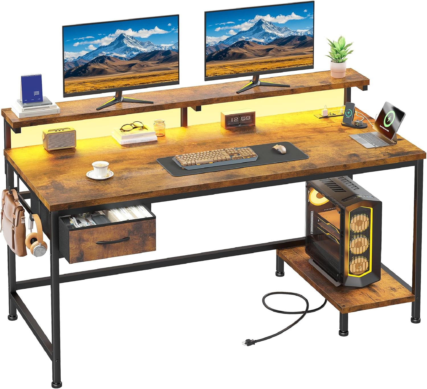 39.3Inch Office Desk with Power Outlet & Drawer, Gaming Desk with CPU Stand& LED Lights,Computer Desk with Ergonomic