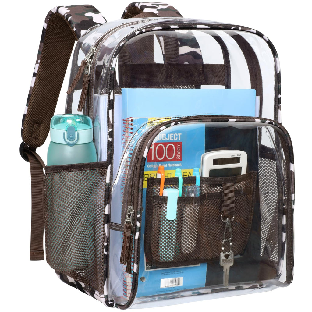 Clear Backpack - 17 inch Camouflage Patterned School Bookbag, Brown