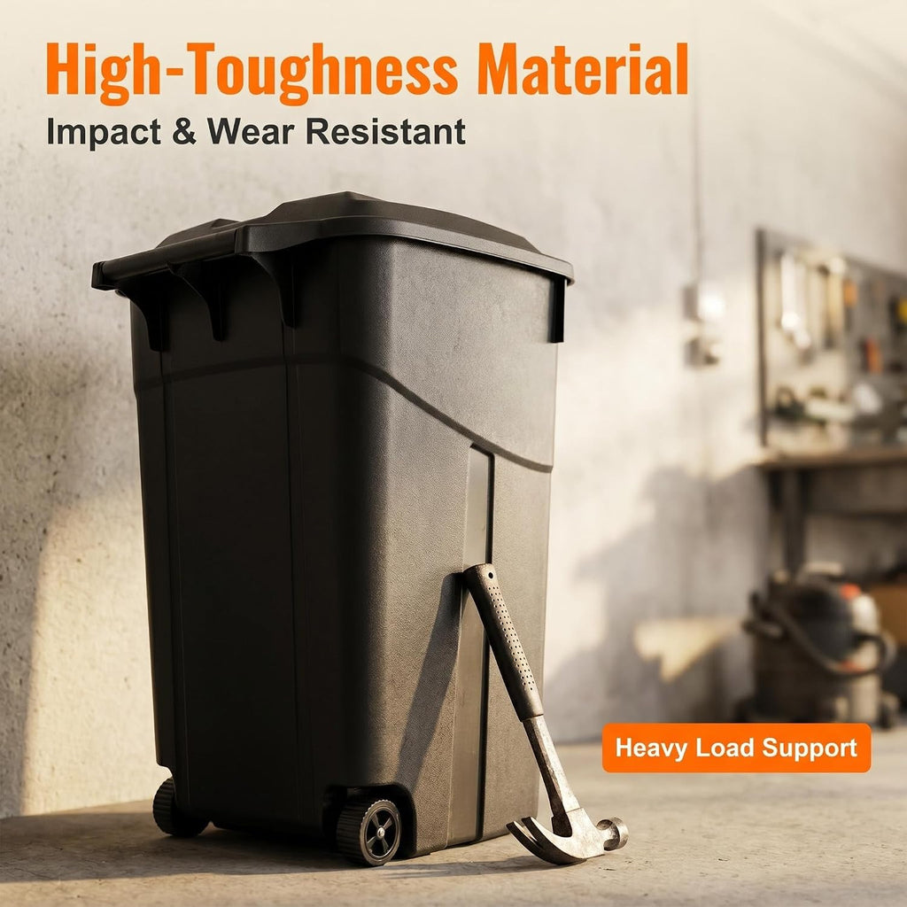 45 Gallon Outdoor Trash Can with Lid, Heavy-Duty Wheeled Garbage Bin with Easy-Grip Handle & Bottom Groove, Black