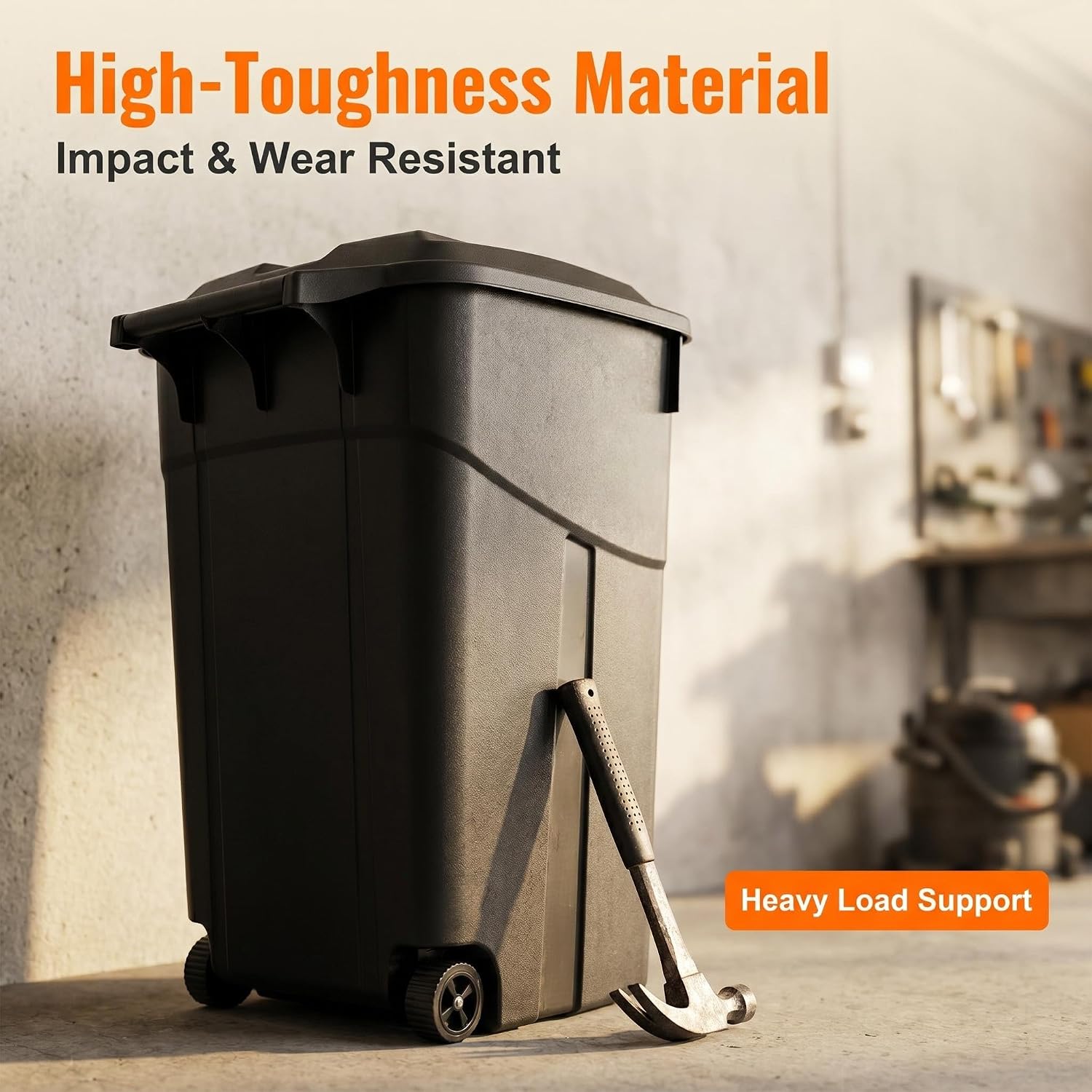 45 Gallon Outdoor Trash Can with Lid, Heavy-Duty Wheeled Garbage Bin with Easy-Grip Handle & Bottom Groove, Black