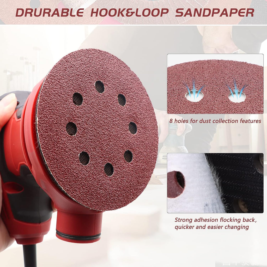 5 Inch 8 Hole Sanding Discs, 110PCS Mixed Grits Sandpaper Assortment | Aluminum Oxide, Hook and Loop Random Orbital