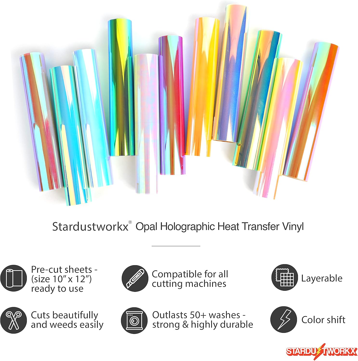 Opal Holographic Heat Transfer Vinyl 11 Pack Holographic Iron on Vinyl Rainbow Vinyl Glitter HTV Metallic HTV Sheets
