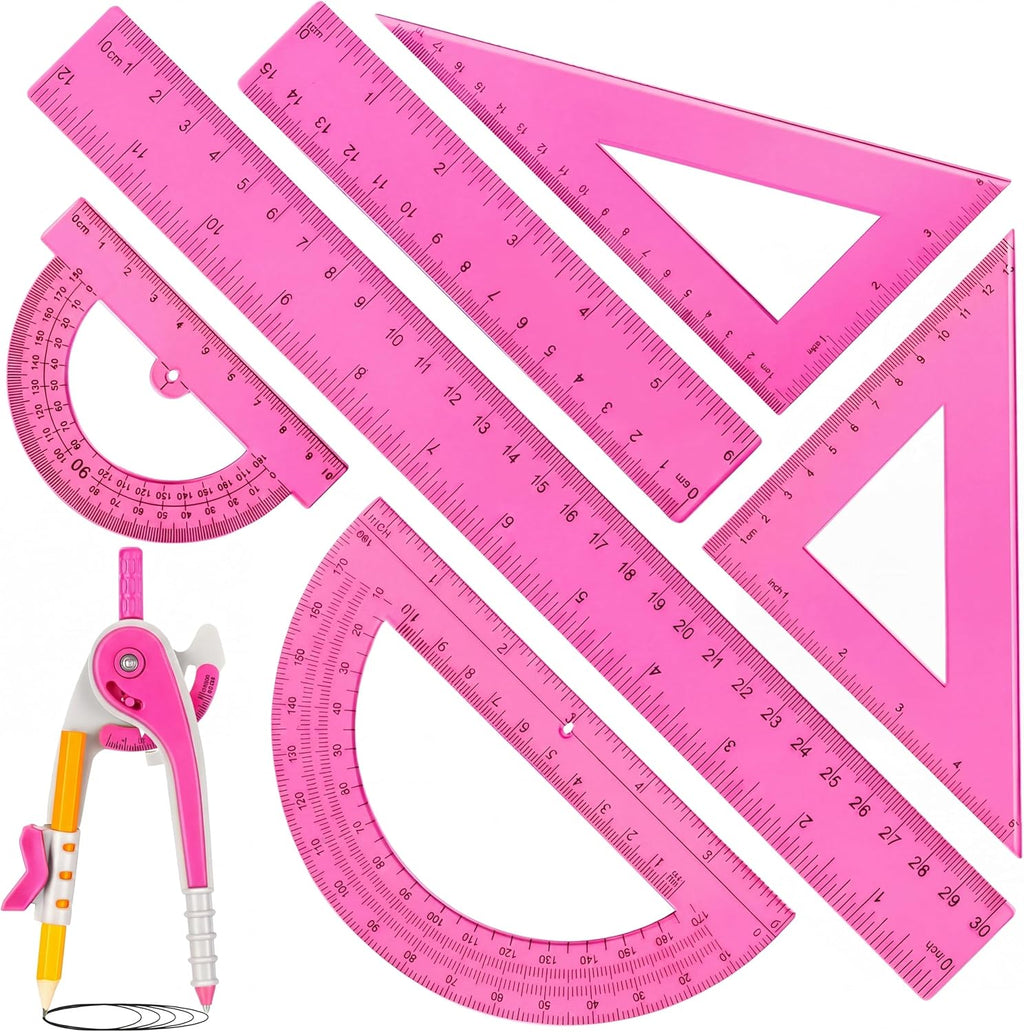 1 Set Plastic Geometry Math Set 7 Pcs Includes 6'' / 4 '' Protractor, Drawing Compass, 45/60 Degree Triangle Rulers