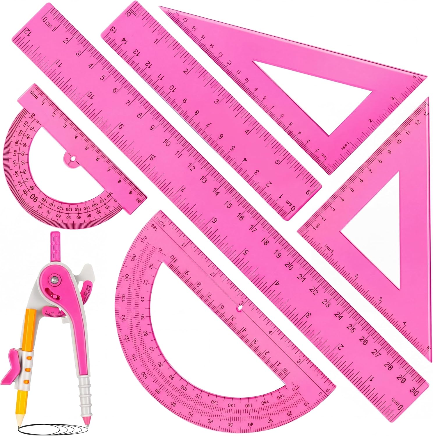 1 Set Plastic Geometry Math Set 7 Pcs Includes 6'' / 4 '' Protractor, Drawing Compass, 45/60 Degree Triangle Rulers