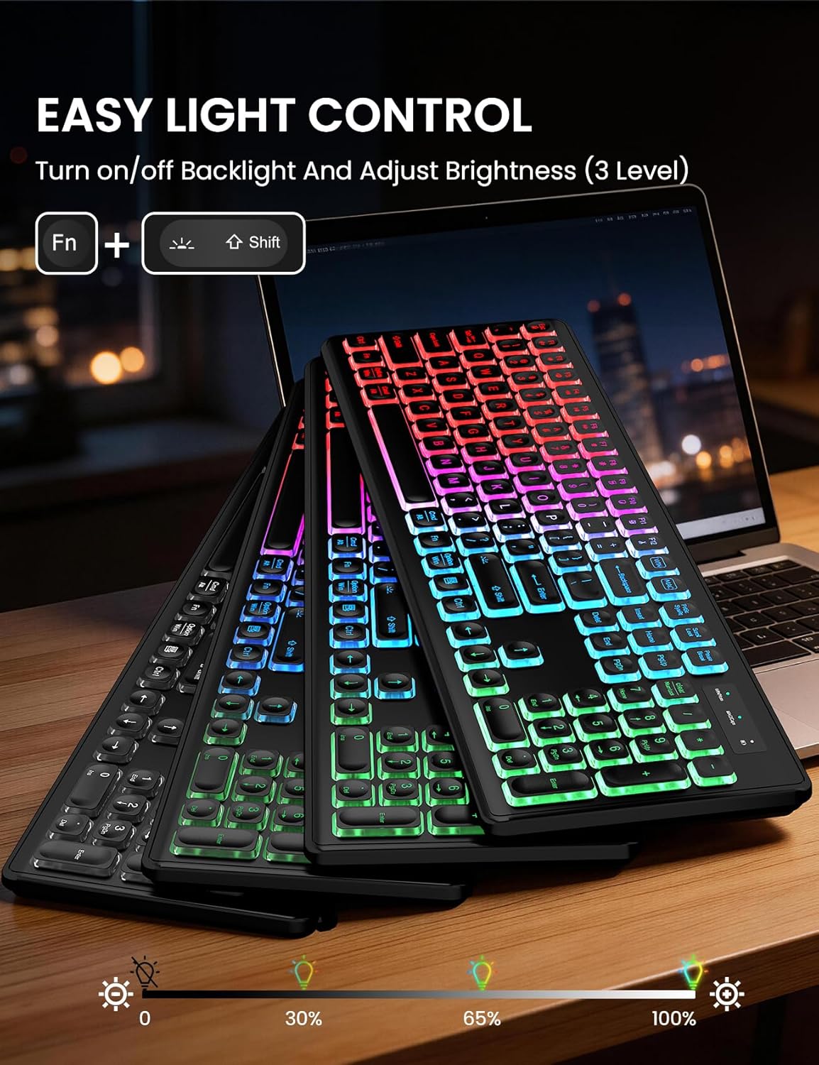 Wireless Keyboard and Mouse Combo with RGB Backlit, Rechargeable | Light Up Letters, Full-Size, Soft Typing, Sleep